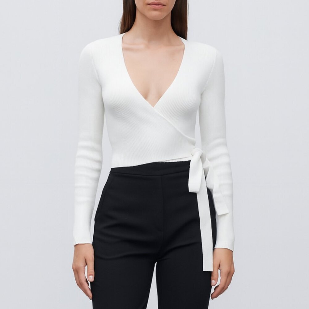 Missguided White Ribbed Wrap V neck Top Long Sleeve Size Small b17e